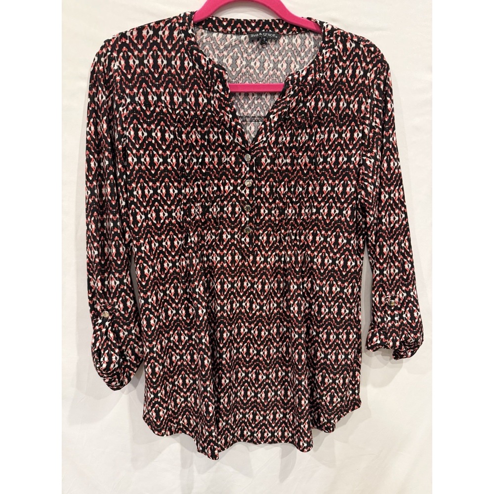 Ava & Grace Womens Top Small Black Red Geometric V-Neck Roll Tab Sleeve Blouse S
